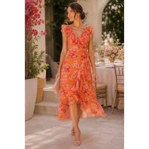 London Times Floral Ruffle Wrap Midi Dress Coral Orange Wedding Guest 6P